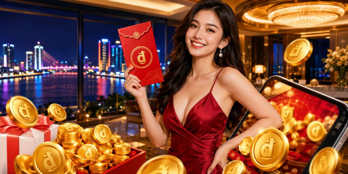 Mẫu ảnh tại Đà Nẵng cầm phong bì đỏ tượng trưng cho ưu đãi tiền thưởng trực tuyến