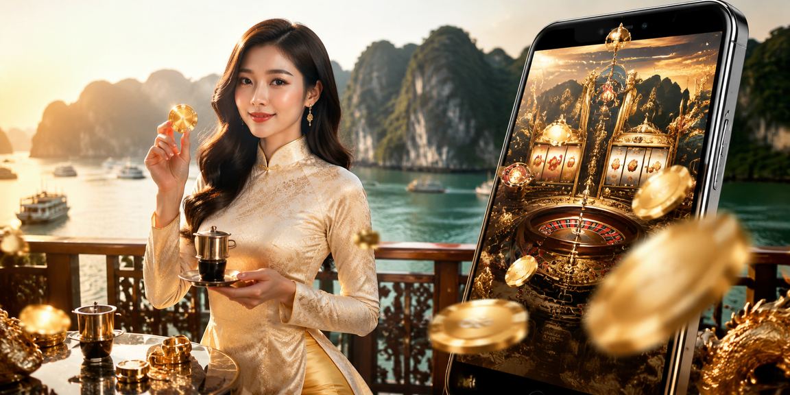 Phụ nữ mặc áo dài trải nghiệm game jackpot trên điện thoại với phong cảnh Hạ Long Bay