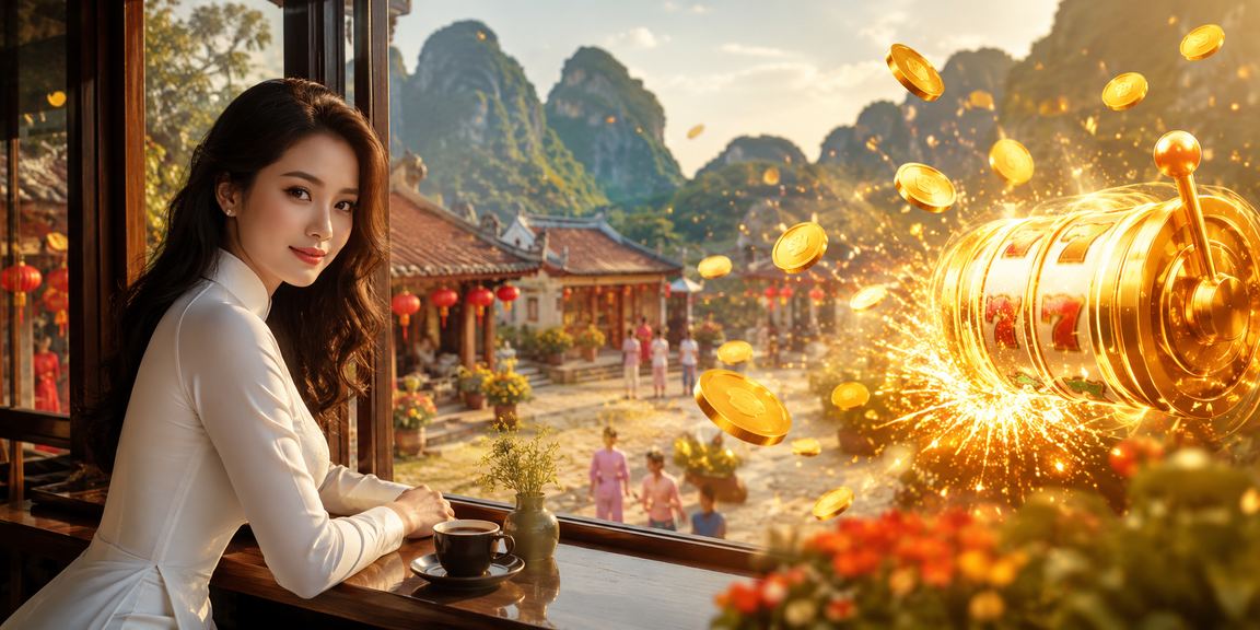 Cô gái mặc áo dài chơi slot game trên điện thoại giữa khung cảnh Ninh Bình